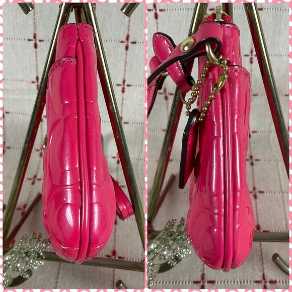 COACH Peyton Signature Embossed Patent Leather Hot Pink Lg Wristlet Clutch Auth - Picture 6 of 11